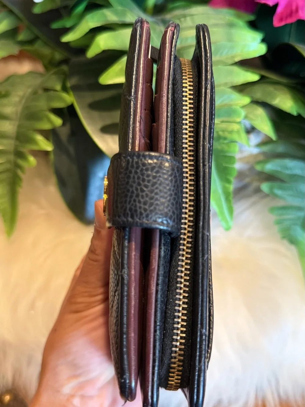 CHANEL Black Quilted Caviar Leather Card Case with Gold CC Snap